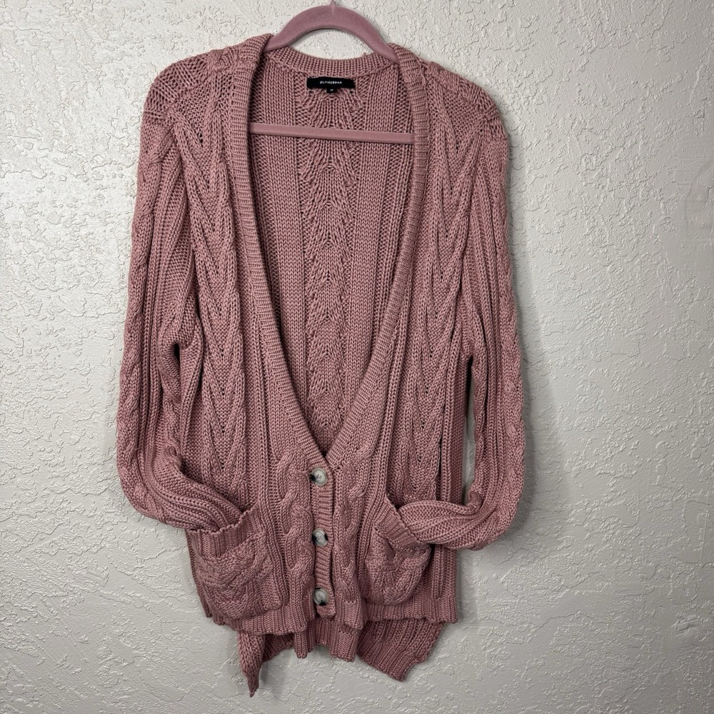 OLIVACEOUS Womens Cable Knit Button Cardigan Sweater Size M Pink Slouchy Grandpa